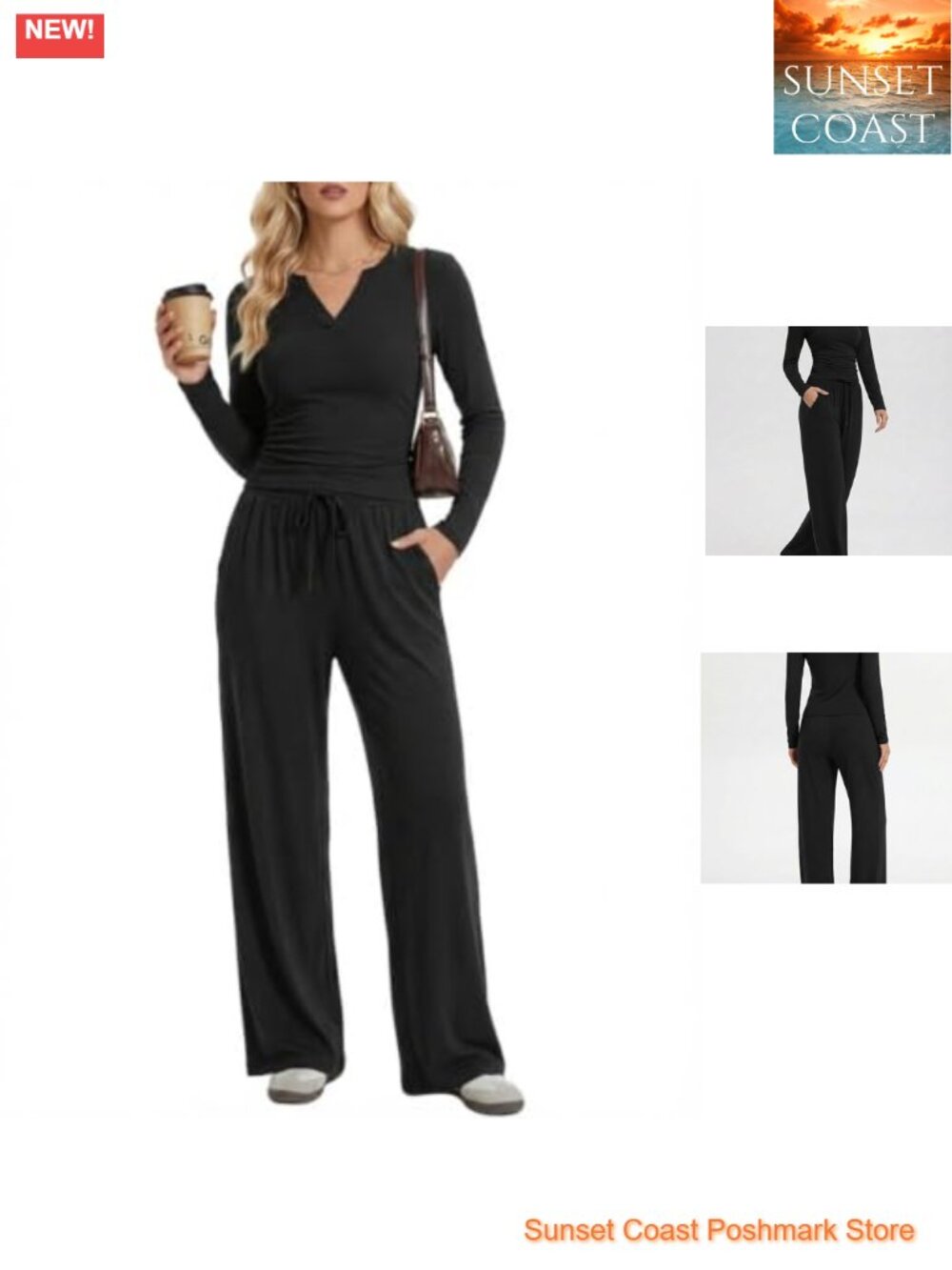 2 Piece Lounge Set Long Sleeve Crop Top & Wide Leg Pants with Pockets